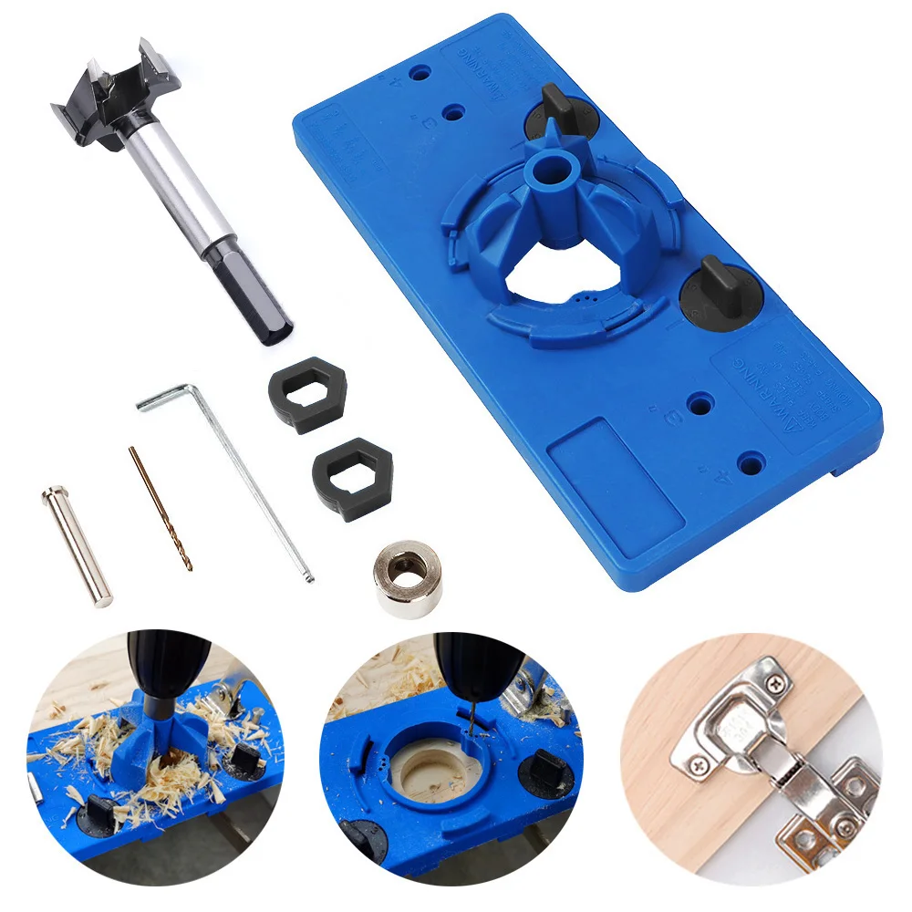 35mm Concealed Hinge Jig kit, Woodworking Tool Drill Bits, Hinge Drilling Hole Router Jig Hardware Template Guide Woodworking