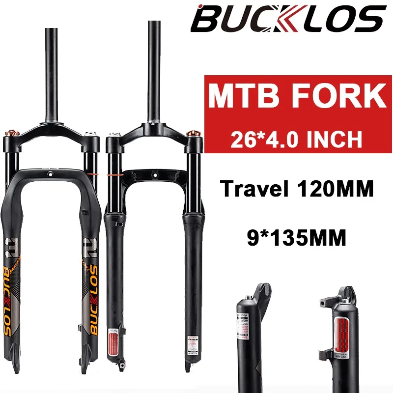 

BUCKLOS 26*4.0 Air Suspension Fat Fork Bike for Beach Bike Travel 120mm Manual Lockout Bicycle Fork 9*135mm QR Fork Cycling Part