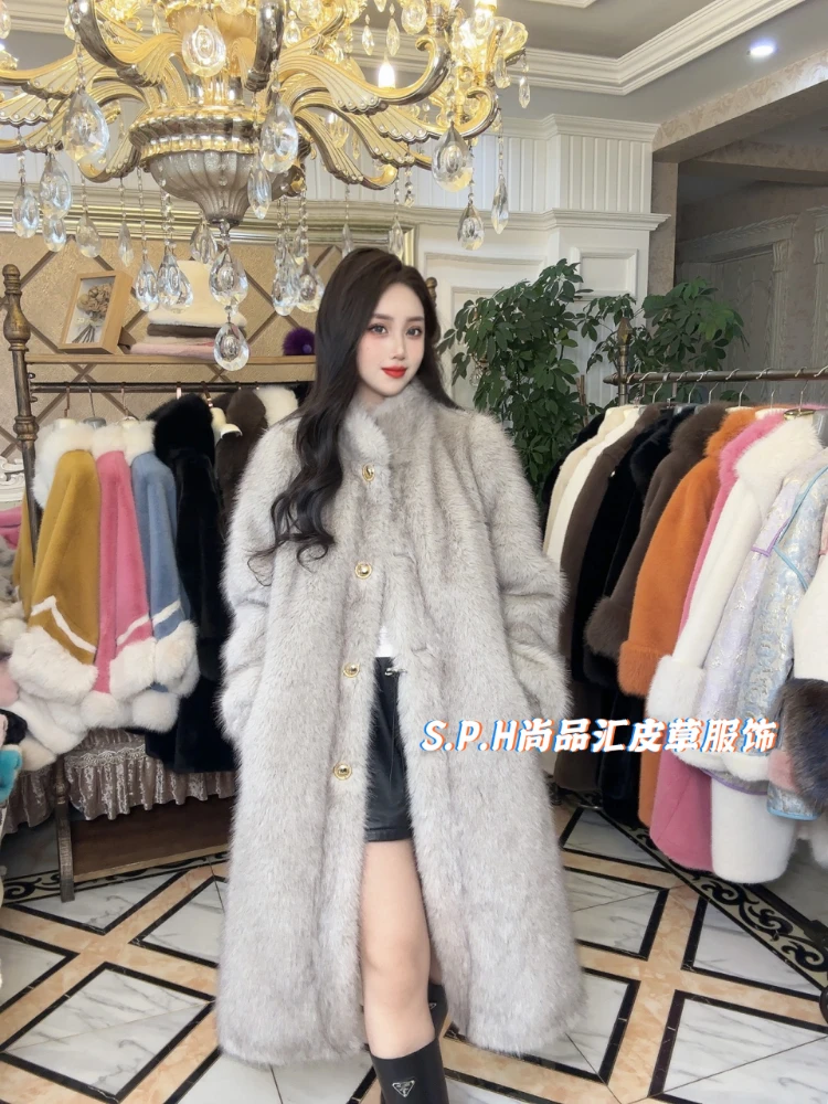 Women's Long Stand Collar Two-Tone Coat 2023 Winter New Single-Breasted Loose and Warm Fur Coat Female Faux Fur Cardigan
