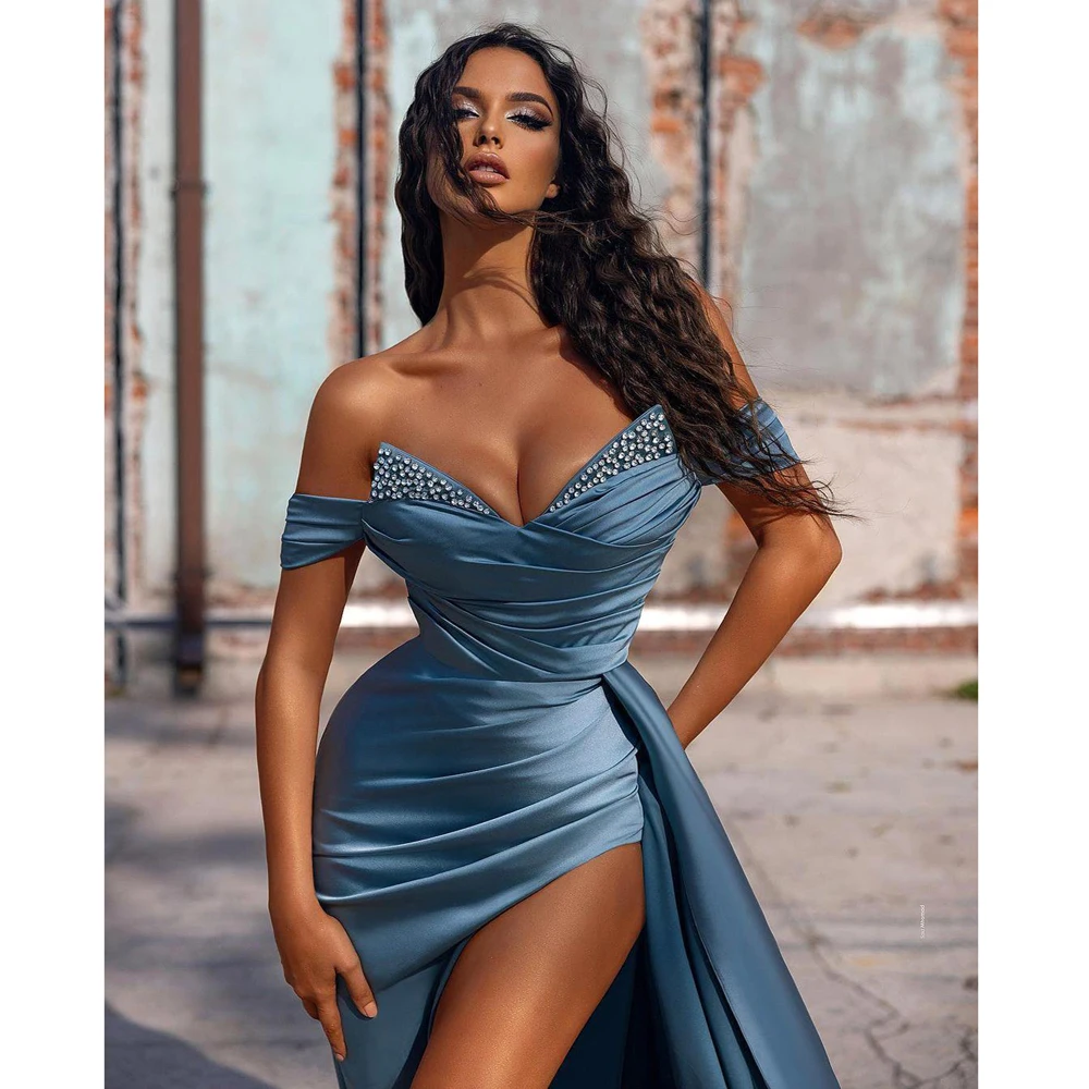 Robe de Soirée Élégante Bleu Poussiéreux pour Femme, Tenue Sexy, Fendue, avec Perles, Buste Froncé, Plis à la Taille, ixde Célébrité