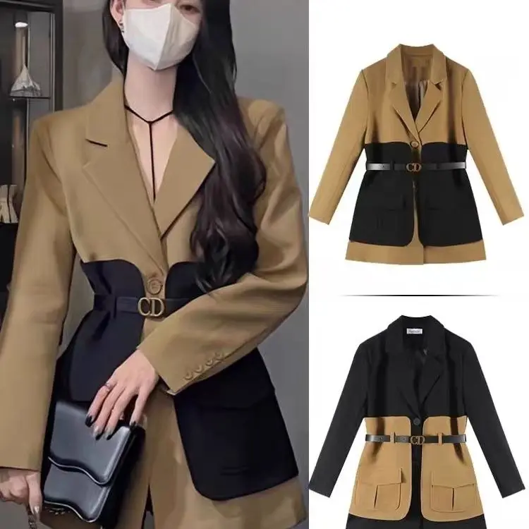 

Korea Blazer Design Women Fashion New Loose Spliced Pocket Korean Shrug Notched Single Breasted Blazer Mujer Femal With Belt