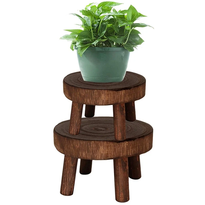 2Pcs Mini Wooden Stool Flower Display Stand, Potted Plant Shelf Bonsai Rack, Vintage Wood Grain Garden Plant Pot Stand