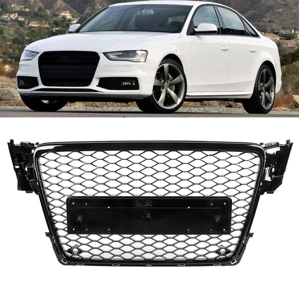 

Black Front Mesh Bumper Hood Grille Compatible For A4 B8 2008-2012 Honeycomb Radiator Bumper Grille With License Plate Hoder