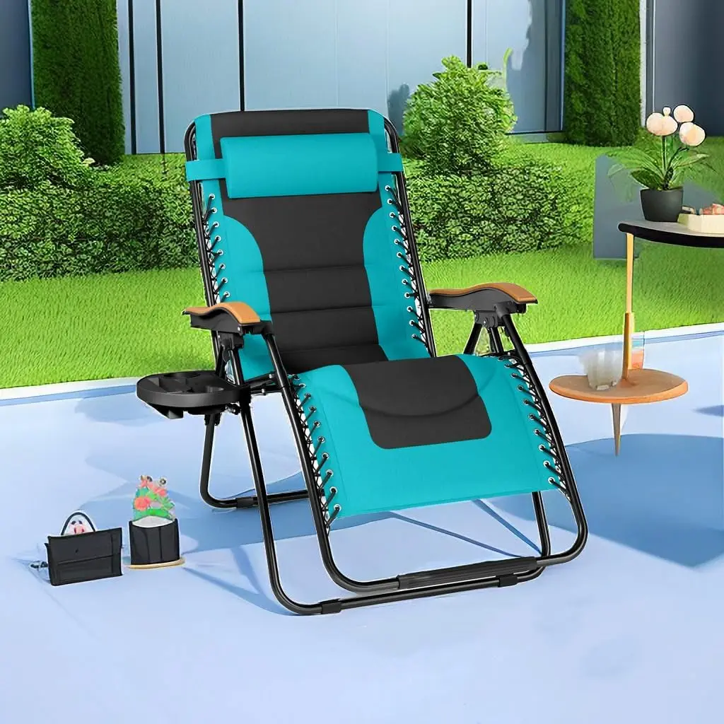 Oversized Padded Zero Gravity Chair, Foldable Patio Recliner, 30 Wide Seat Anti Gravity Lounger with Cup Holder