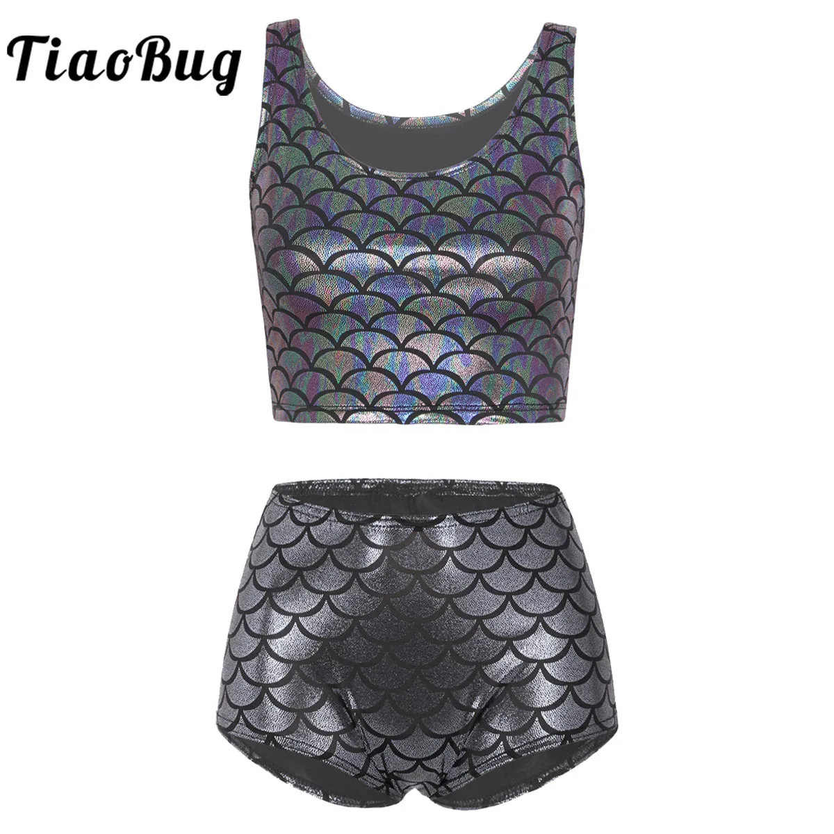 

Womens Mermaid Pole Dancing Party Clubwear Outfits Metallic Shiny Fish Scale Print Crop Tops+Booty Dance Shorts Fitness Swimwear