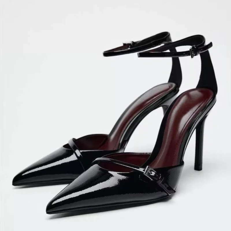 Sexy Pointed Toe Thin High Heels Women Patent Leather Ankle Strap Party Dress Shoes Fashion Slingback Sandals for women slingback sandals,women high heels shoes,women dress shoes