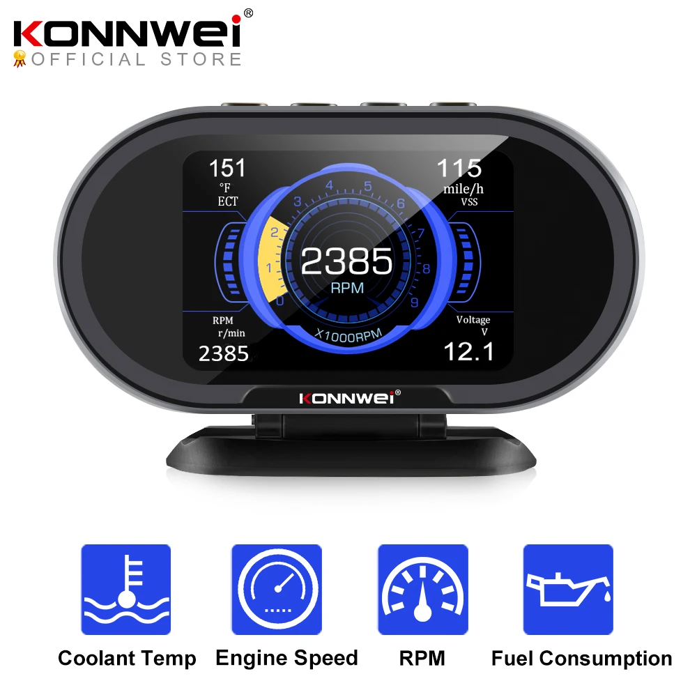 Бортовой компьютер KONNWEI KW206, Автомобильный цифровой компьютер, OBD 2 сканер, датчик расхода топлива, воды, температуры, дисплей OBD2