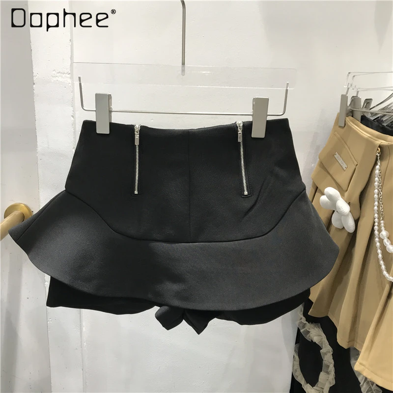 Double Zipper Ruffle Hem Casual Culotte Versatile Short Skirt Women's 2022 Spring New Korean High Waist A- Line Black Mini Skirt black denim skirt