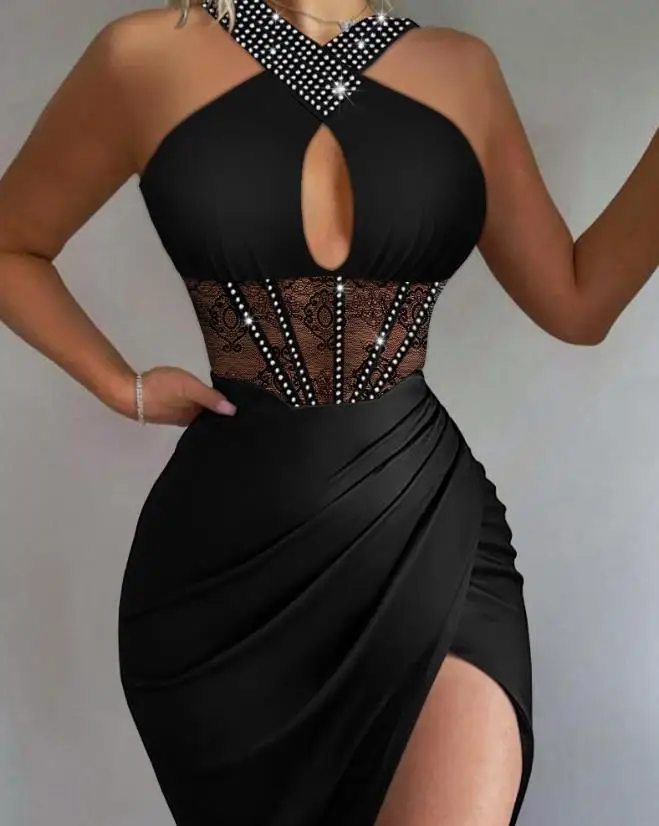 

Fashion Summer Dresses 2024 Elegant Versatile Women's Sexy Rhinestone Ruched High Slit Contrast Lace Corset Dress