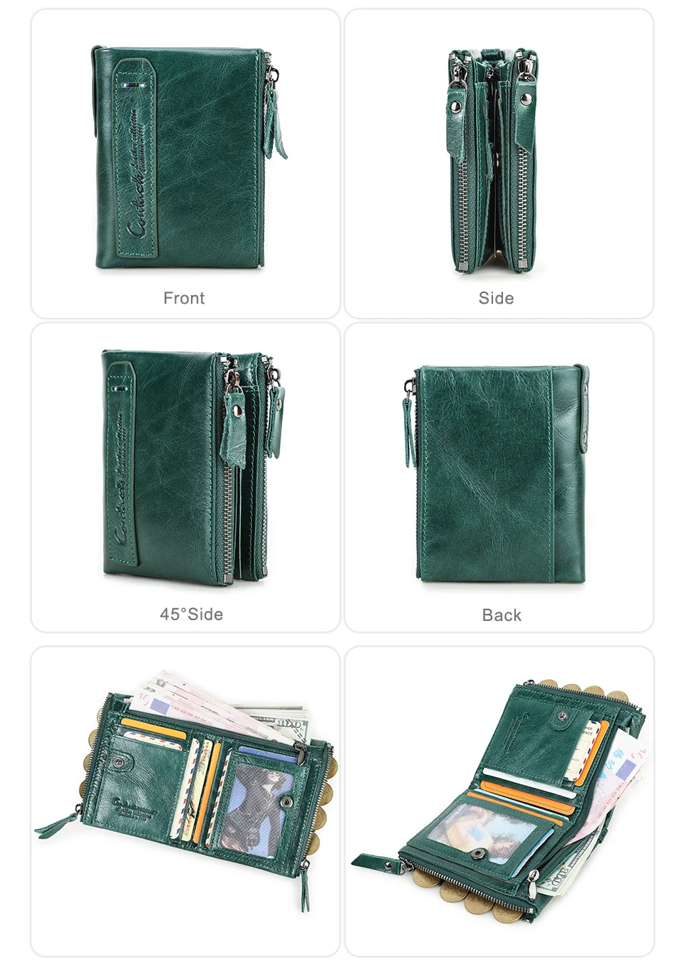 Fashion Genuine Leather Women Wallet Bi-fold Wallets Red ID Card Holder Coin Purse With Double Zipper Small Women's Purse 2022