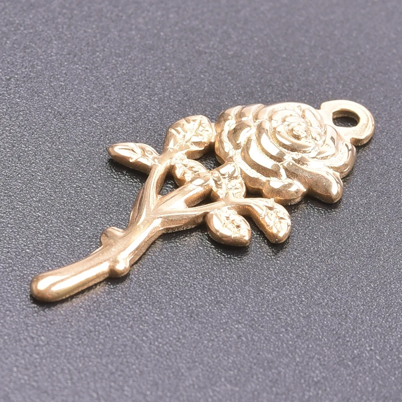 Real Gold Plated Stainless Steel Plant Charms For Jewelry Making Supplies Rose Plum Blossom Leaves 5pcs/Lot Pendant DIY Pendant