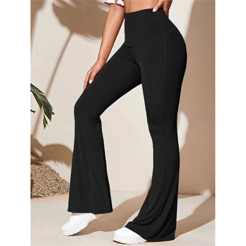 Women Summer Full Length Elastic Waist Yoga Pants Sexy Slim High Waist Wide Leg Long Trousers Casual Solid Knitted Flare Pants - Image 3