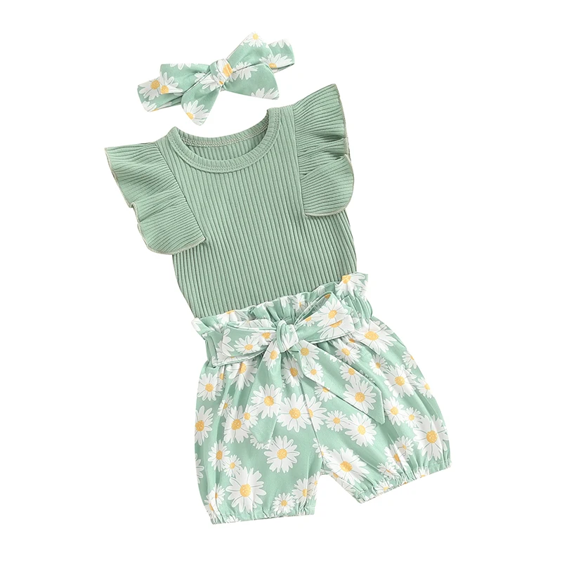 

Baby Girls Summer Shorts Sets Short Sleeve Ribbed Romper Daisy Print Shorts Headband Sets