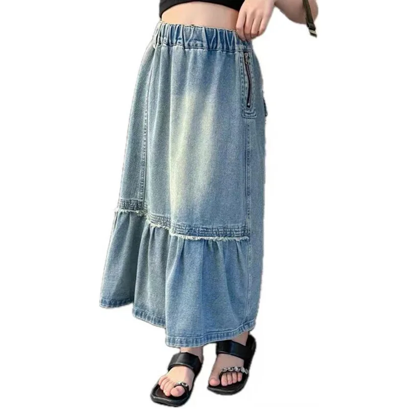 

New Fashion Kids Long Denim Skirt For Girls With Zipper Spring Autumn Teenage Girls Casual Skirt Age 5 6 7 8 9 10 11 12 13 14 Y