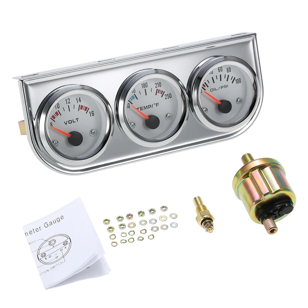 52MM Oil Pressure Celsius Water Temperature Gauge Voltmeter Chrome 3 in 1 Gauge Kit Car Moto Meter Water Temperature Sensor