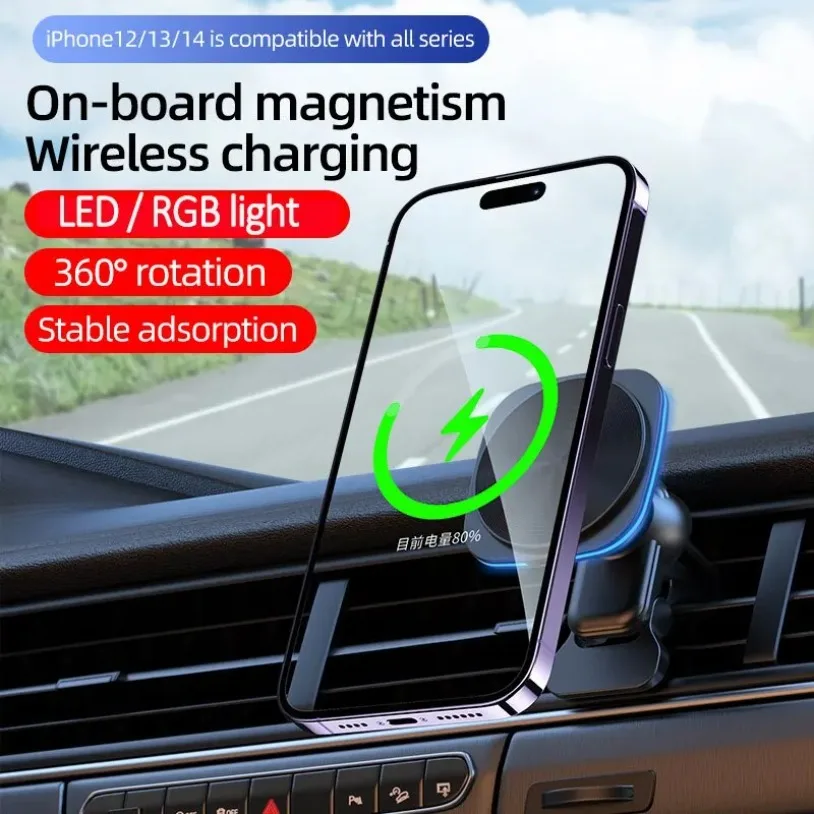 RGB Magnetic Car Phone Holder Stand 30W Wireless Charger Car Mount For iPhone 16-12 Pro Max Car Fast Charging Station Macsafe