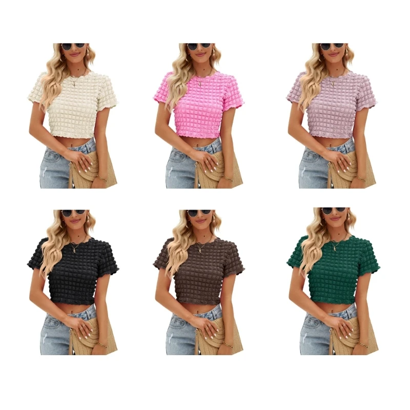 

Women Bubble Design Crop Top Round Neck T Shirt Short Sleeve Tops Female T Shirt 10CE