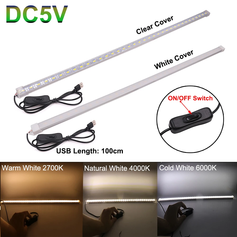 LED Light LED Light Bar DC 5V USB LED Bar Lights with Switch 35 40 50cm LED Rigid Strip Light 3000K 4000K 6000K for Room Kitchen Under Cabinet Lighting