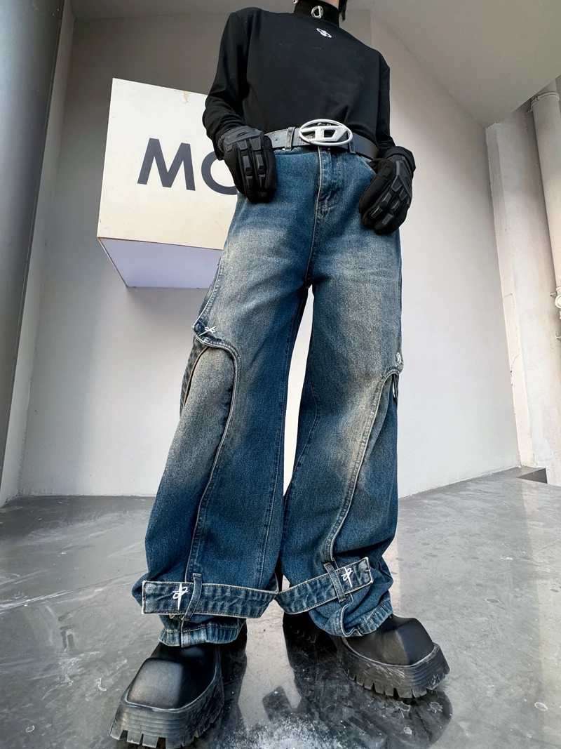 

SYUHGFA Men's Clothing 2024 Spring Korean Streetwear Fashion Webbing Straight Jeans Casual Loose Wide Legs Denim Trousers