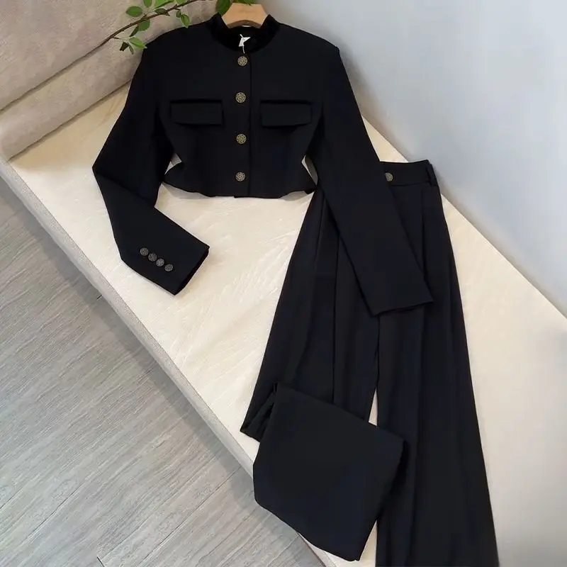 

Insozkdg Spring Autumn British Style Standing Collar Blazer Wide Leg Pants Set Retro Contrasting Color Blazer Pants 2-piece Sets