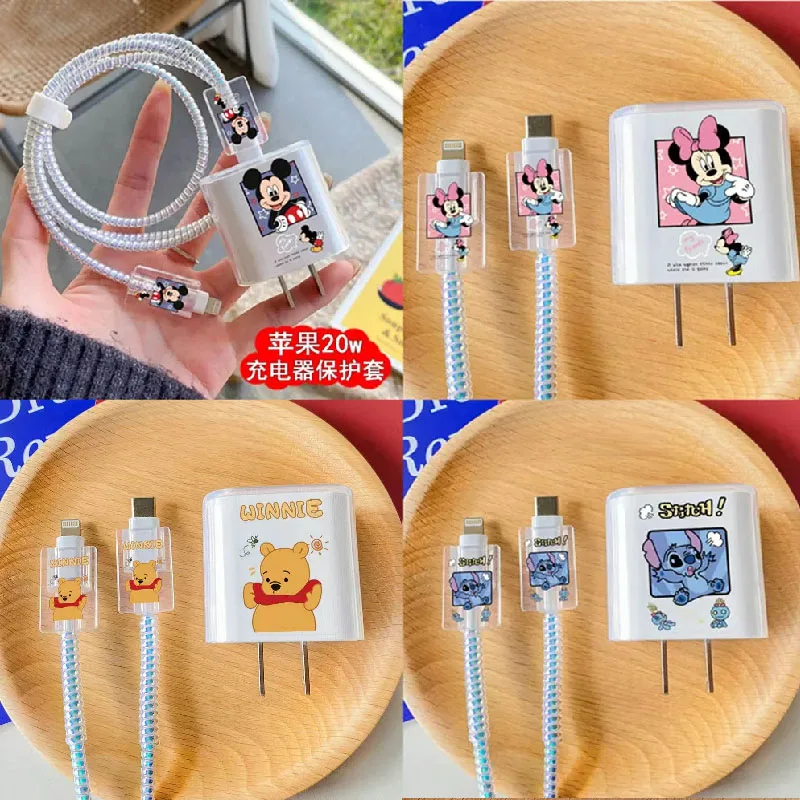 

Cartoon Minnie Mickey Cable Winder Set For iPhone 15 14 Fast Charging 18/20 W Plug Data Line Charger Protection