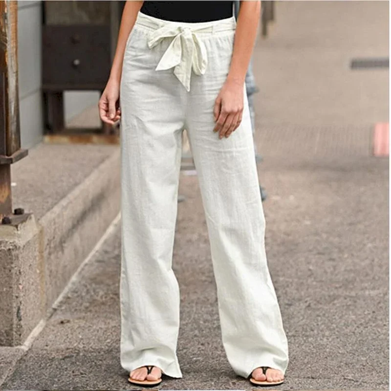 

Casual Solid Color Cotton Linen Wide Leg Pants Women Autumn 2023 New Fashion Elegant Women's Elastic Waist Loose Trousers Female