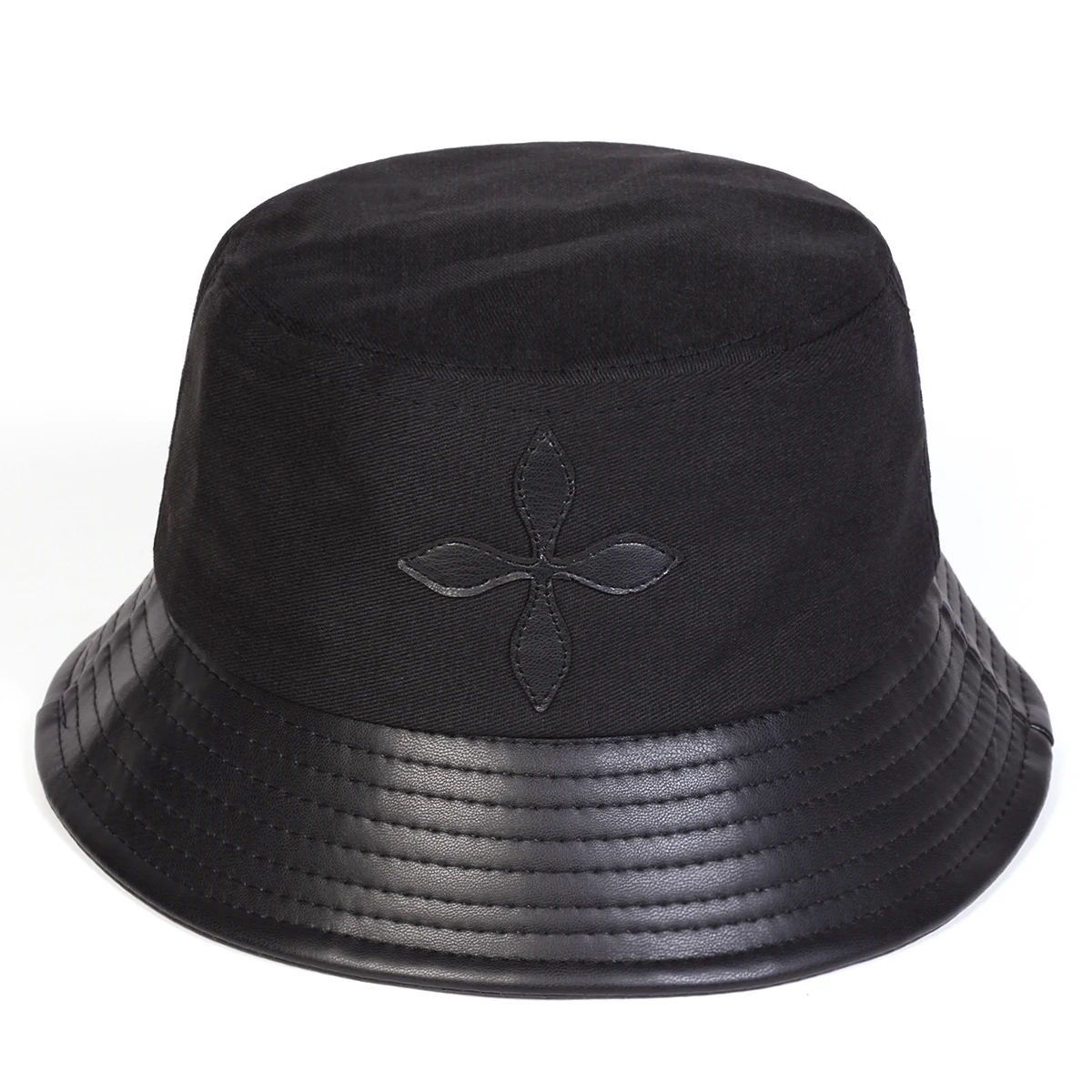 Unisex Cross Flower Label Persönlichkeits-PU-Leder Splice Bucket Hats Fischerhüte Outdoor Freizeitmütze Sonnenschutzhut – Detail 3