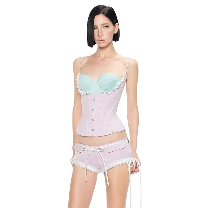Sisterlinda Spitzen-Patchwork Süßes Camisole-Top für Damen mit tiefem Ausschnitt, unregelmäßiger Einreiher, Y2K Wild Summer Valentine's Day Clubwear Tops – Detail 11