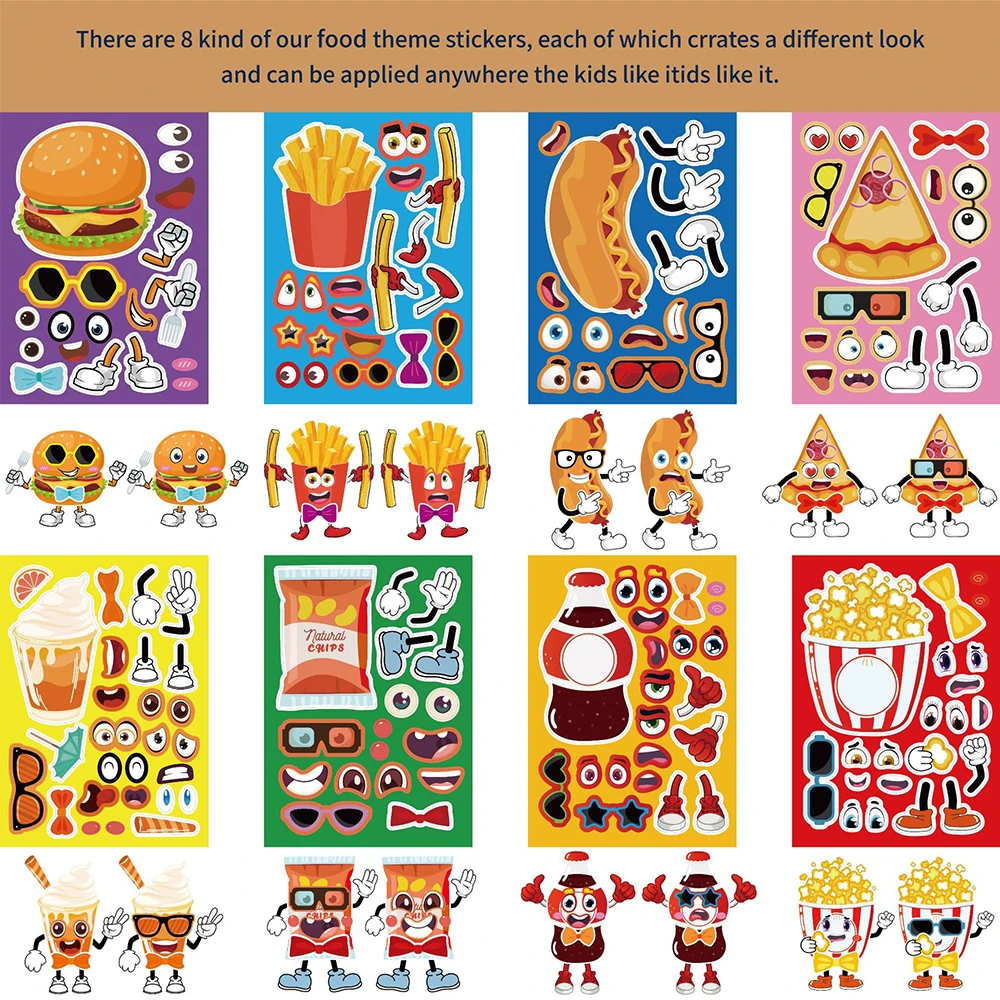 16Pcs/Set Children's Parent Child Interactive Puzzle Sticker French Fries Hamburger DIY Party Stickers Kids Educational Toys