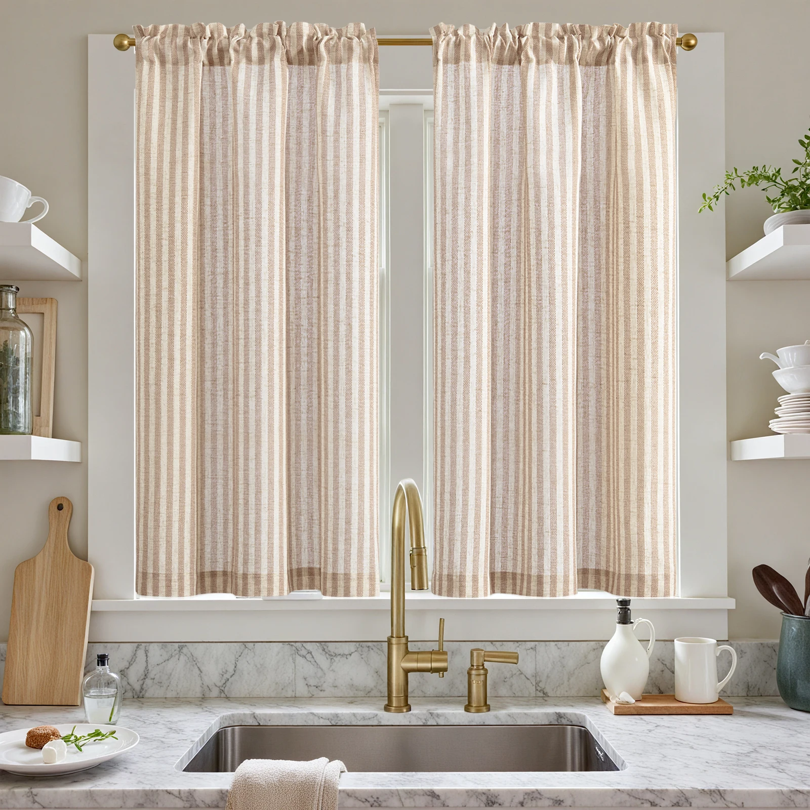 Window Curtains Decor Curtains Cotton And Linen Curtains JINCHAN 2 Panels Linen Kitchen Curtains Japanese Striped Short Cover Curtains Rod Pocket Home Interior Shade Window Drapes Cafe