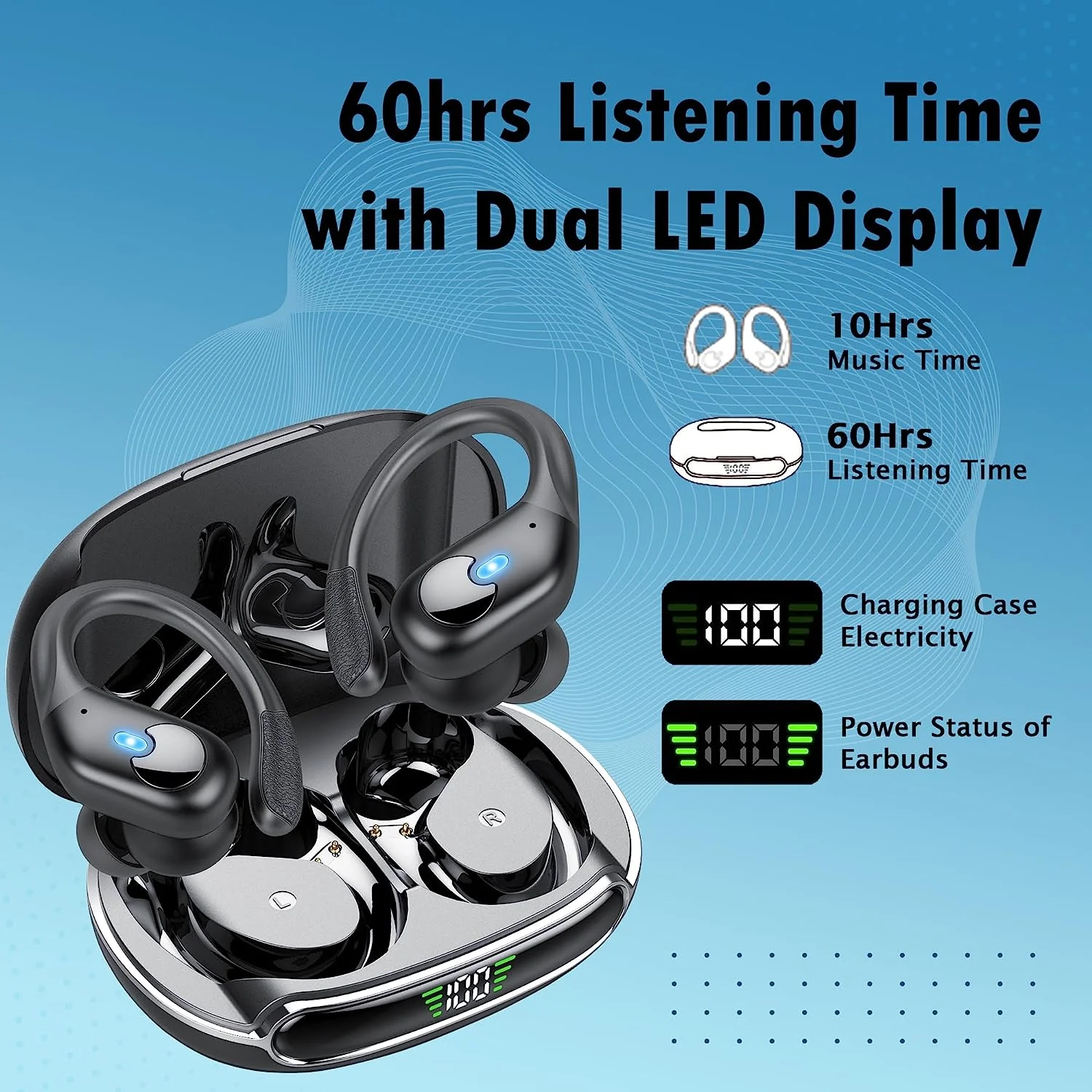 Auriculares Bluetooth inalámbricos, reproducción de 100 horas con ganchos  para los oídos, pantalla LED doble, IPX7 impermeable, auriculares con