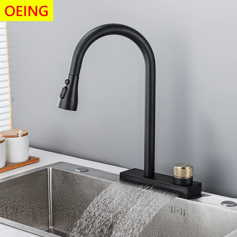 Waterfall Black Kitchen Faucet Can Pull 4 Ways Water Outlet Methods Cold and Hot Brass Single Hole Sink Tap
