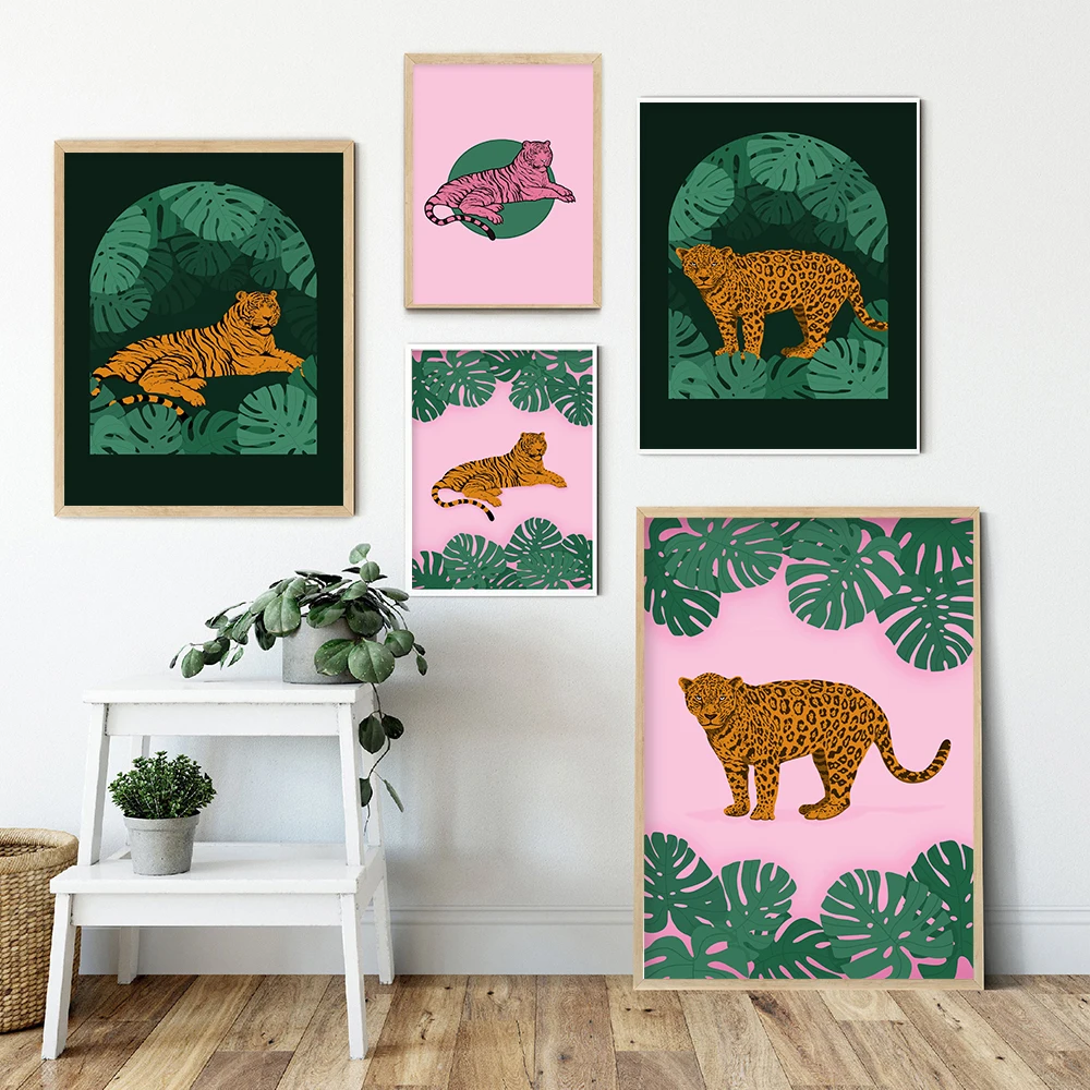 

Nordic Abstract Animal Poster Red Pink Green Tiger Doesnt Lose Sleep Canvas Painting Wall Art Prints Picture Bed Room Home Decor