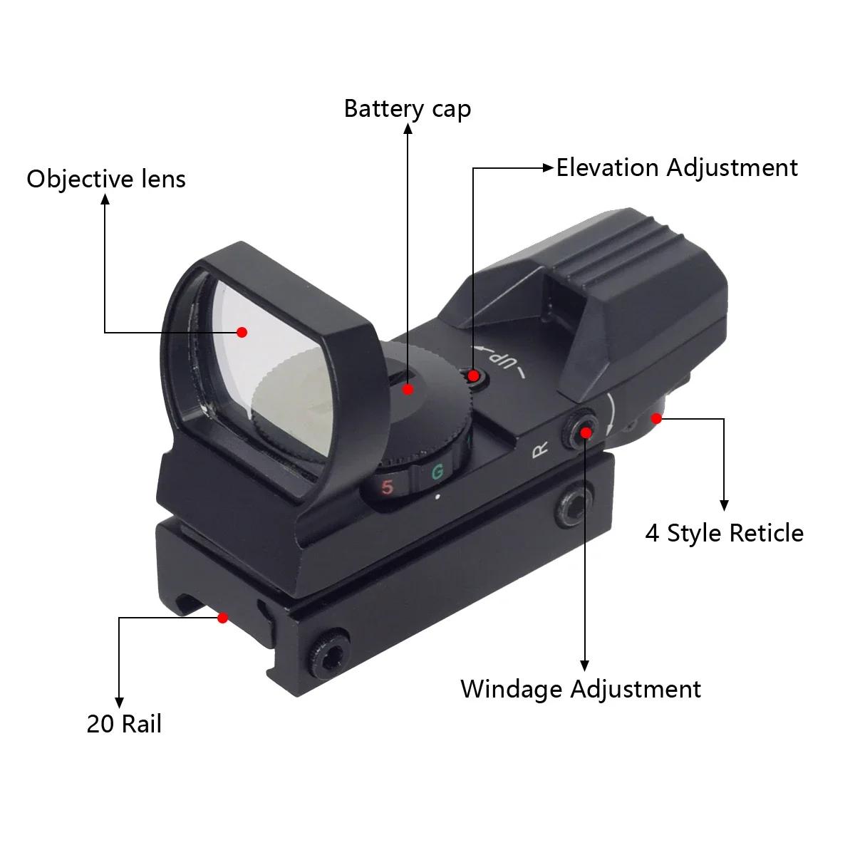 Tactical Riflescope Hunting Optics Red Green Projected Dot Sight Reflex 4 Reticle Scope Collimator Sight for 20mm Rail