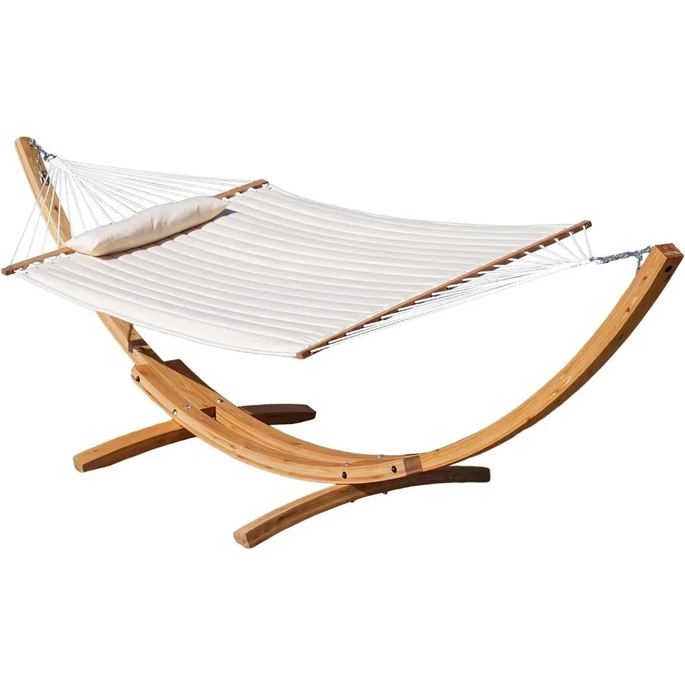 12 FT Double Quilted Fabric Hammock and 13 FT Wooden Arc Stand,Removable Pillow,2 Person Hammock for Outdoor Patio Poolside 2