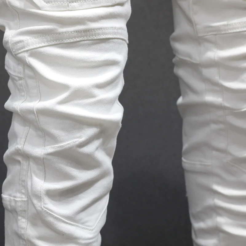 High Street Fashion Men Jeans White Elastic Stretch Skinny Fit Biker Jeans Homme Pocket Patched Designer Hip Hop Denim Pants Men