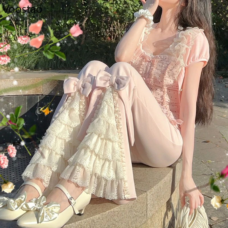 Pink Sweet Lolita Style Pants Women Vintage Kawaii Bow Lace Ruffles Flared Pants Female Korean Elegant Casual Fairy Trousers