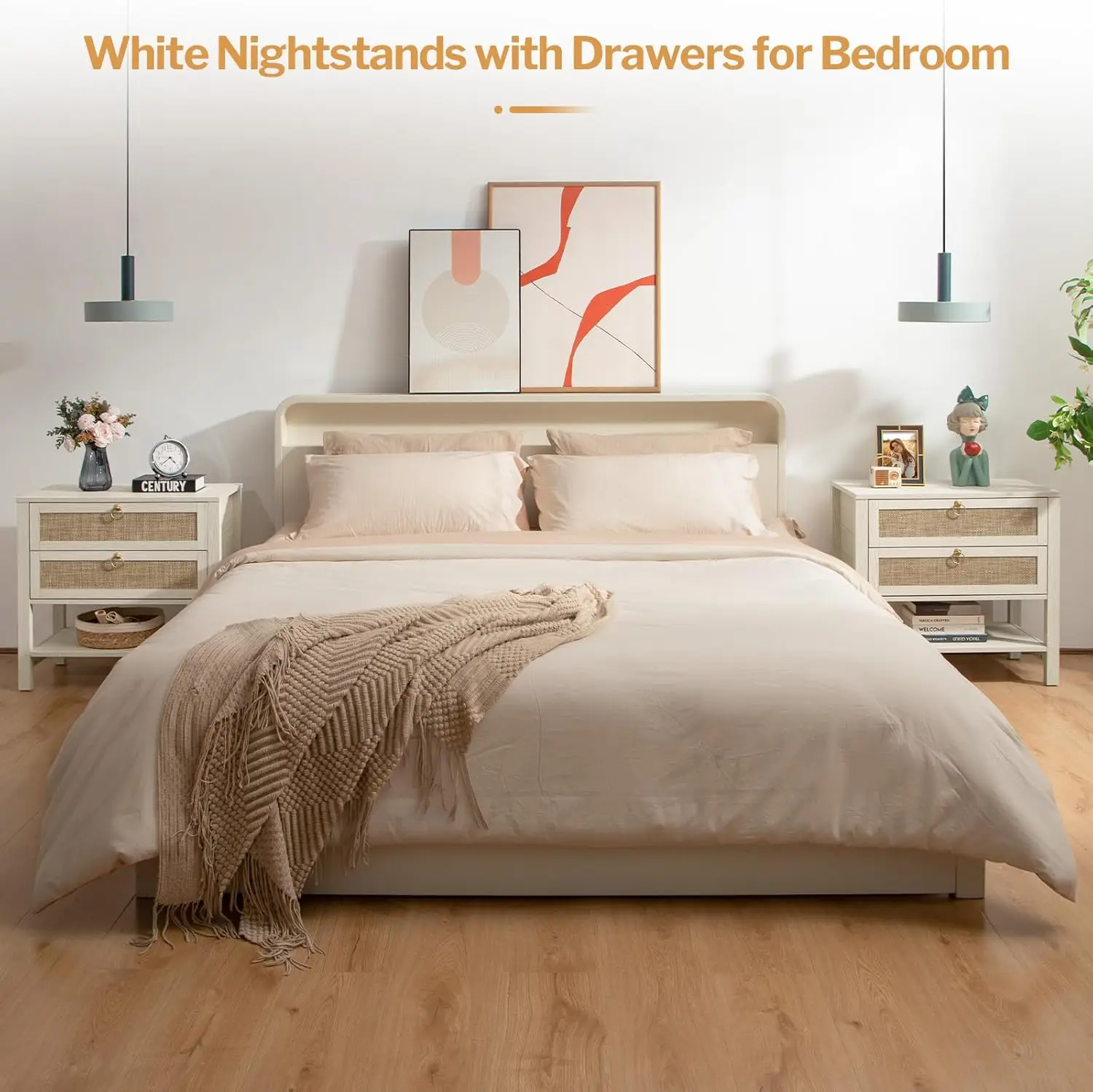 White Night Stand Set of 2, Large Nightstand with Drawers and Storage Shelf-Rattan Boho Bedside Table Narrow Side Table for Be