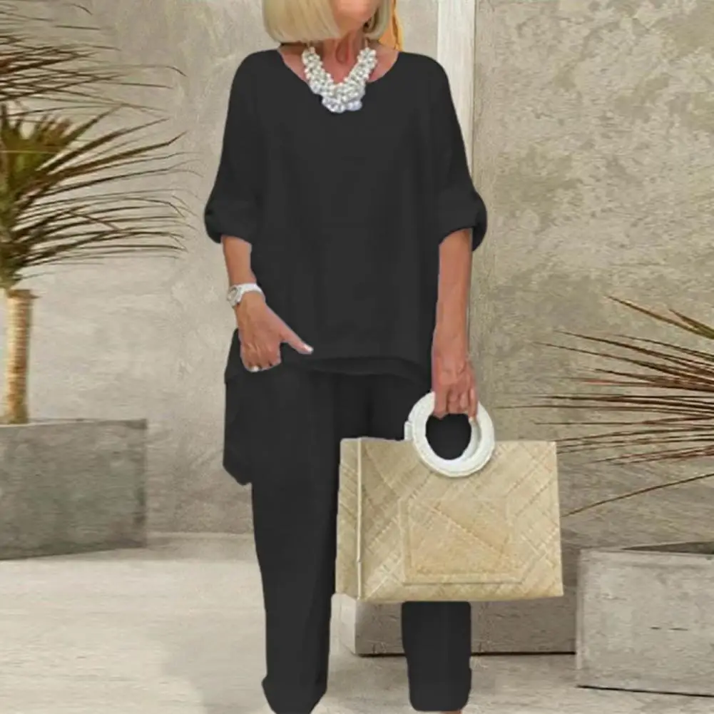 

Женская рубашка однотонная с эластичным поясом и круглым вырезом, наряд очень мягкий топ и брюки, повседневные свободные костюмы, комплект из двух предметов для женщин