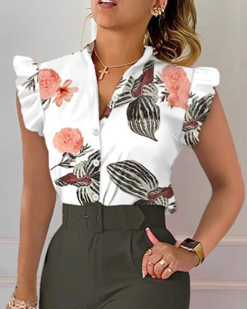 Anyally Women's Summer Chiffon Blouse – V-Neck Short Sleeve Tunic Top With Ruffle Sleeves