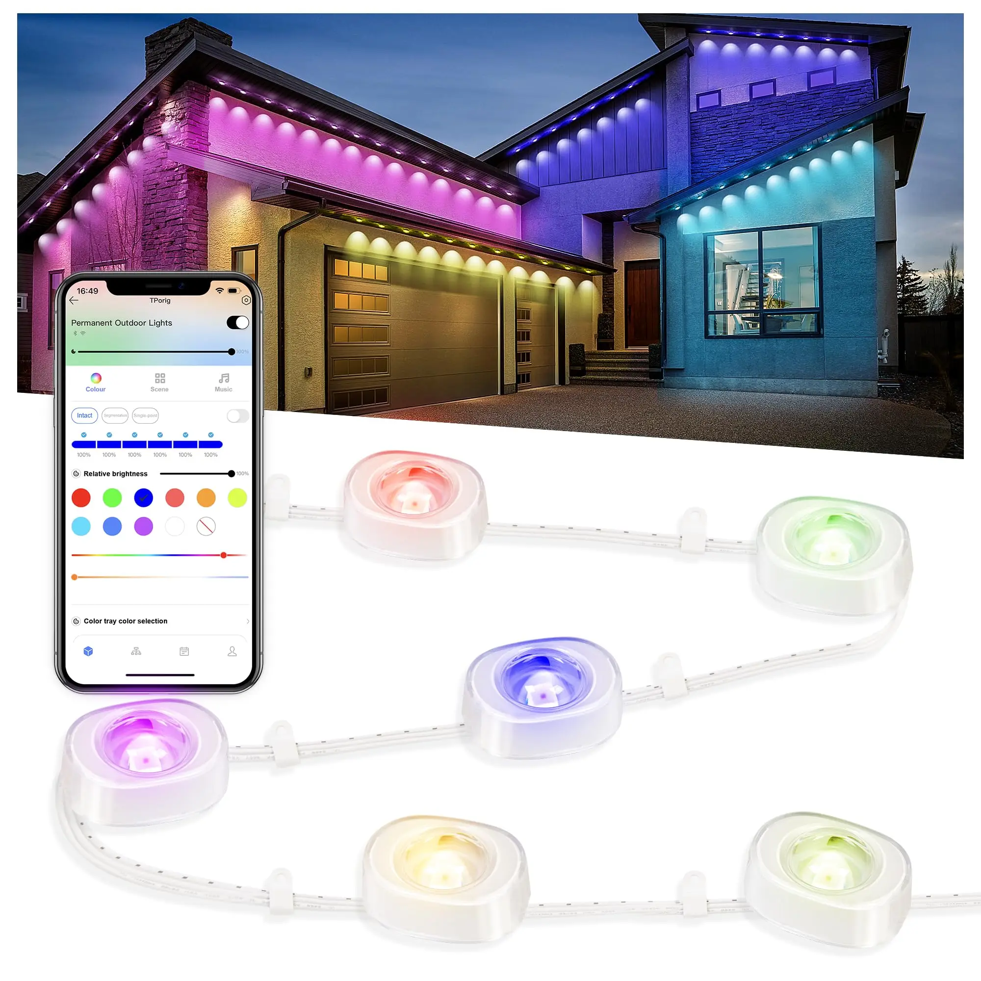 Tira de luces LED para aleros de 45 m con control por aplicación Bluetooth, RGB, IC, resistente al agua, forma DIY, adecuada para decoración navideña en el hogar