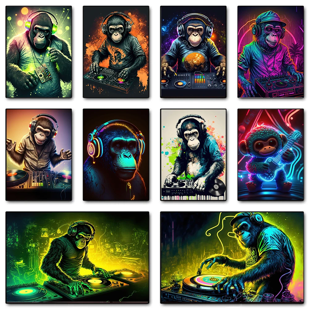 

Cool DJ Musical Monkey Poster Prints For Living Room Home Decor Fantastic Cartoon Smart Animal Canvas Painting Wall Art Cuadros