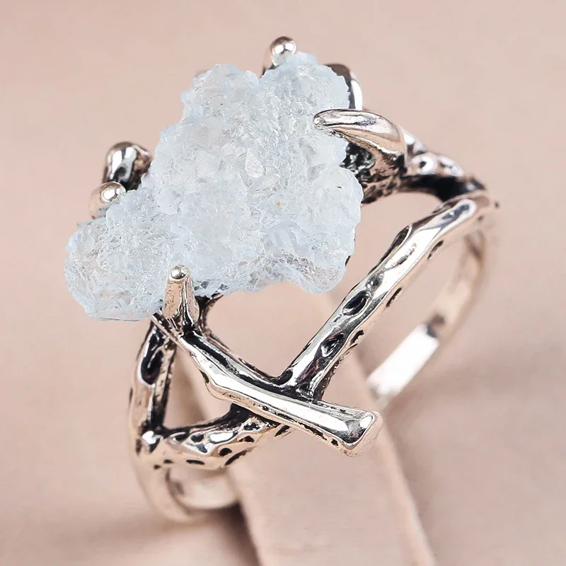 Antique Silver Color Dead Branch 4 Claw Lake Blue Stone Ring Women Men Punk Ethnic Jewelry Accessories Gift gold color rings,tibetan silver rings,finger ring,gold color ring,silver ring,adjustable rings