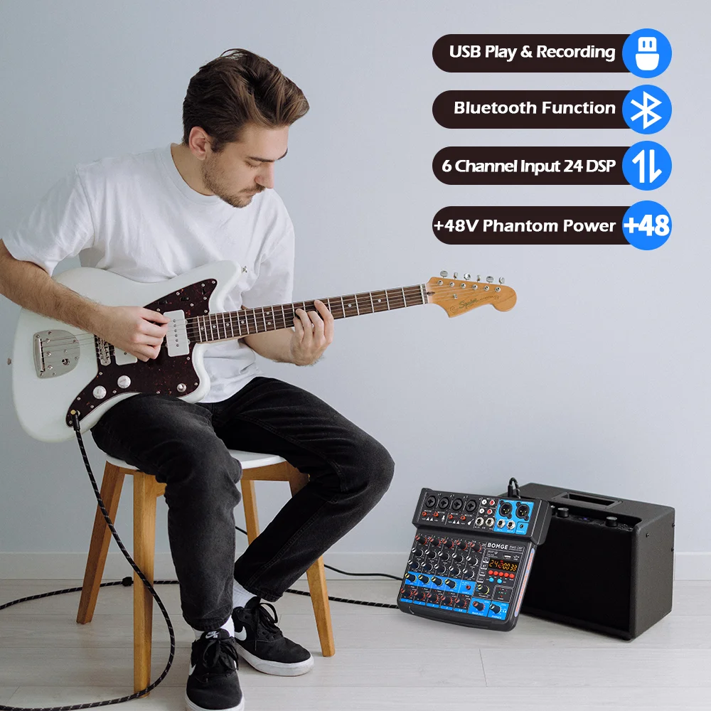 BOMGE 6 Channel Audio Mixer mini Mixing Sound Console USB audio Interface Sound Card With 16DSP 48V Phantom Power for karaoke DJ