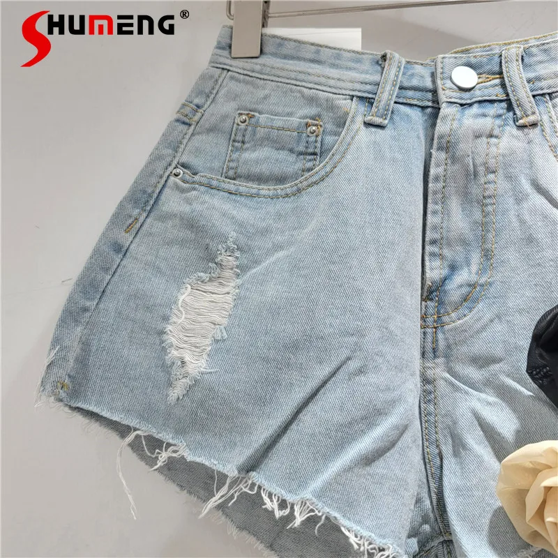 Sweet Denim Shorts Women's Ins High Waist Three-Dimensional Flower Short Jeans 2024 Loose Straight Slimming Wide Leg Hot Pants