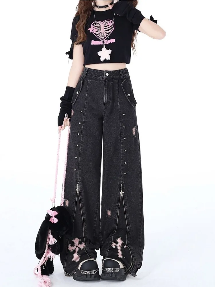 HOUZHOU Y2k Vintage Gothic Baggy Jeans Woman's Oversized Japanese Style Denim Pants Korean Fashion Harajuku Streetwear Trousers