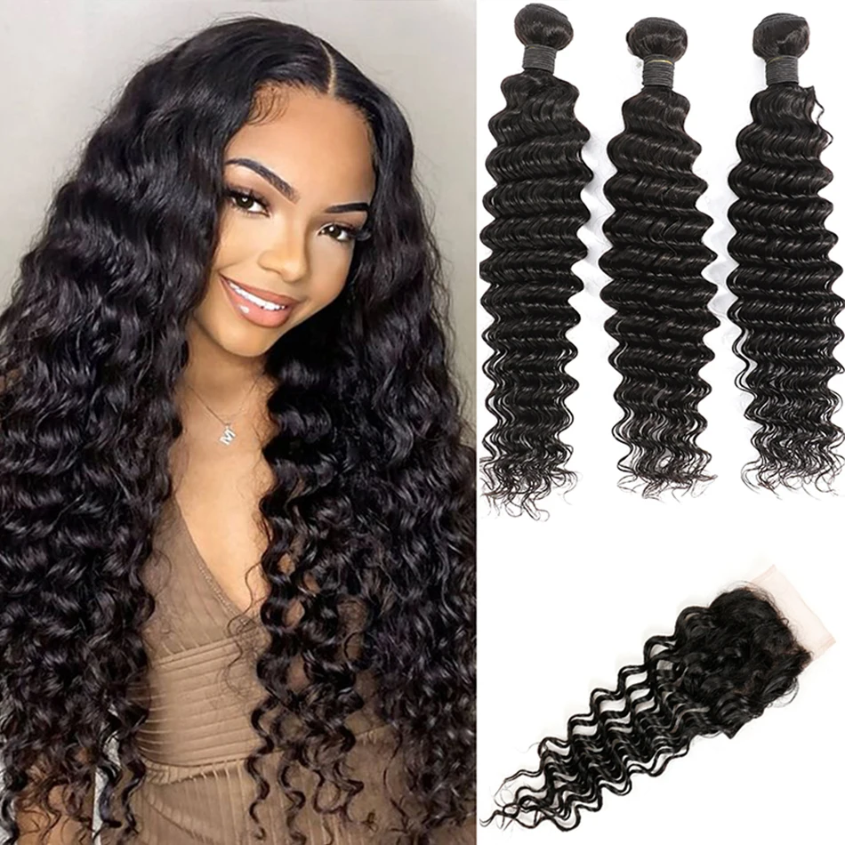 100% Human Hair Bundles With Closure Deep Wave Bundles With 4x4 HD Lace Closure Ombre Wet and Wavy Deep Curly Hair With Closure 6