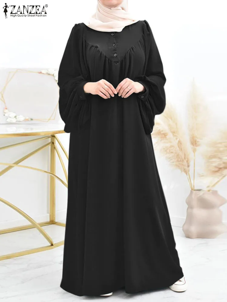 

2023 ZANZEA Spring Woman Muslim Dress Stylish Puff Sleeve Maxi Robe Female Solid Abaya Kaftan Dresses Vintage Turkey Sundress