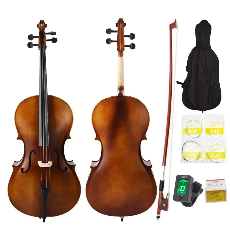 Full Side 4/ 4 Matte Natural Color Spruce Panel Cello with Bag Bow Rosin Bridge Strings