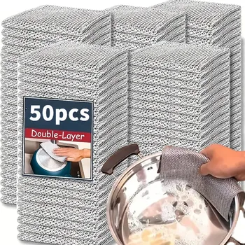 50/1pcs Strofinaccio magico Panni per pulizia in filo d'argento Piatto da cucina Pentola Panno per lavare Asciugamani addensati a doppia faccia Stracci in filo di acciaio 1
